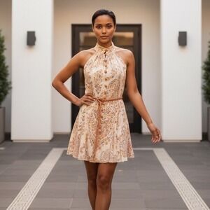 ZARA Womens Paisley Halter Mini Dress Cream Blue Boho Crochet Button Belted M